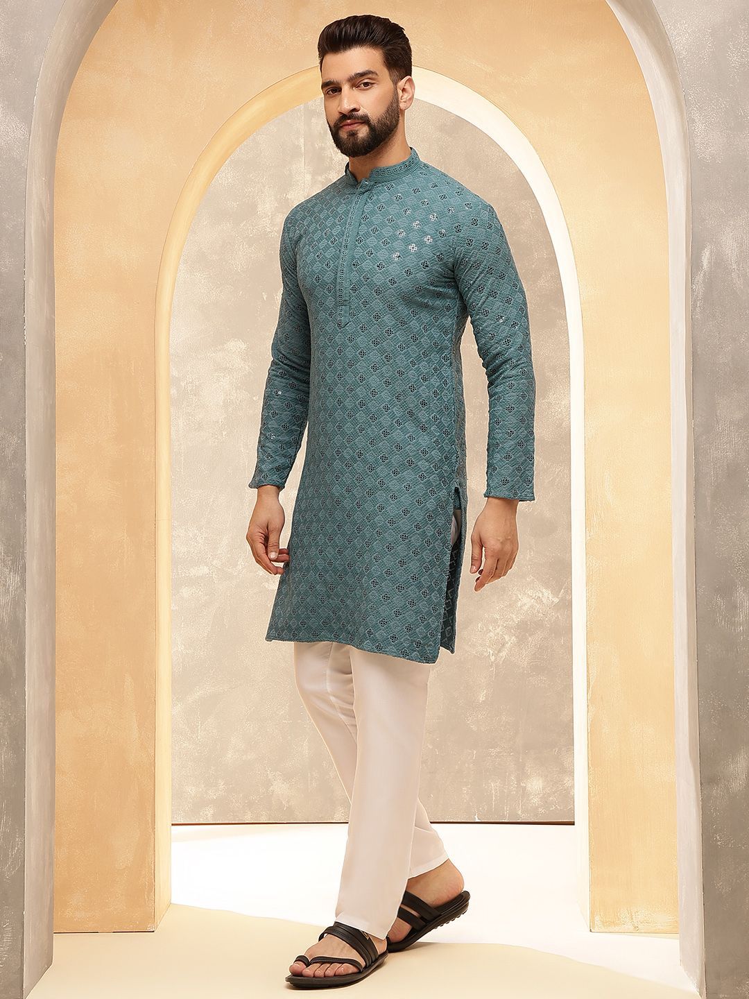 Anouk Teal Geometric Embroidered Sequinned Straight Pure Cotton Kurta With Pyjamas