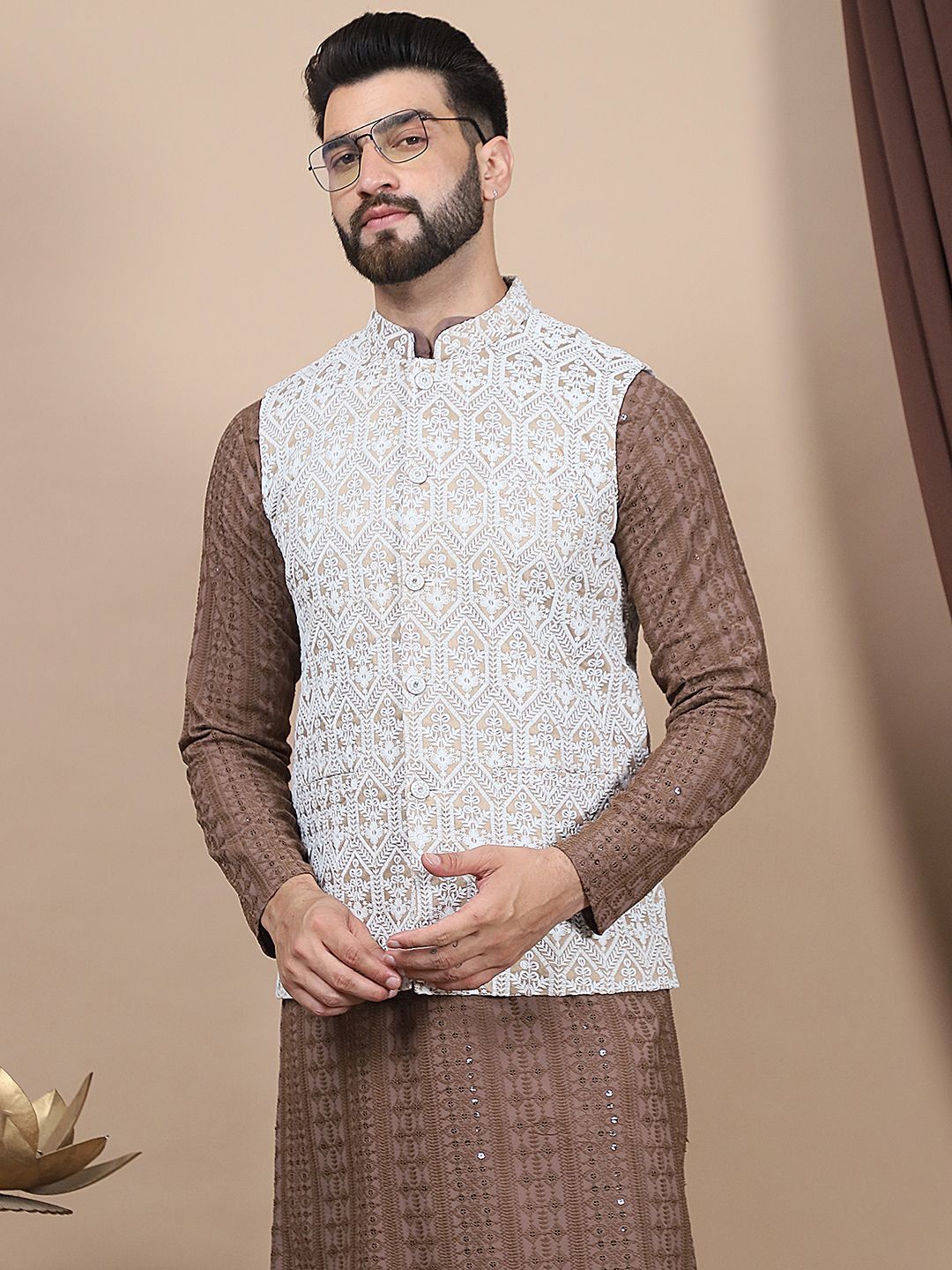 Anouk Brown Floral Embroidered Straight Thread Work Pure Cotton Kurta with Churidar