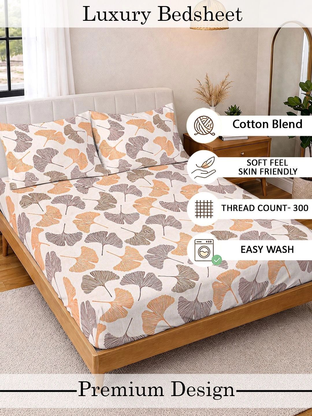 KLOTTHE Beige & Orange Floral 300 TC King Bedsheet with 2 Pillow Covers