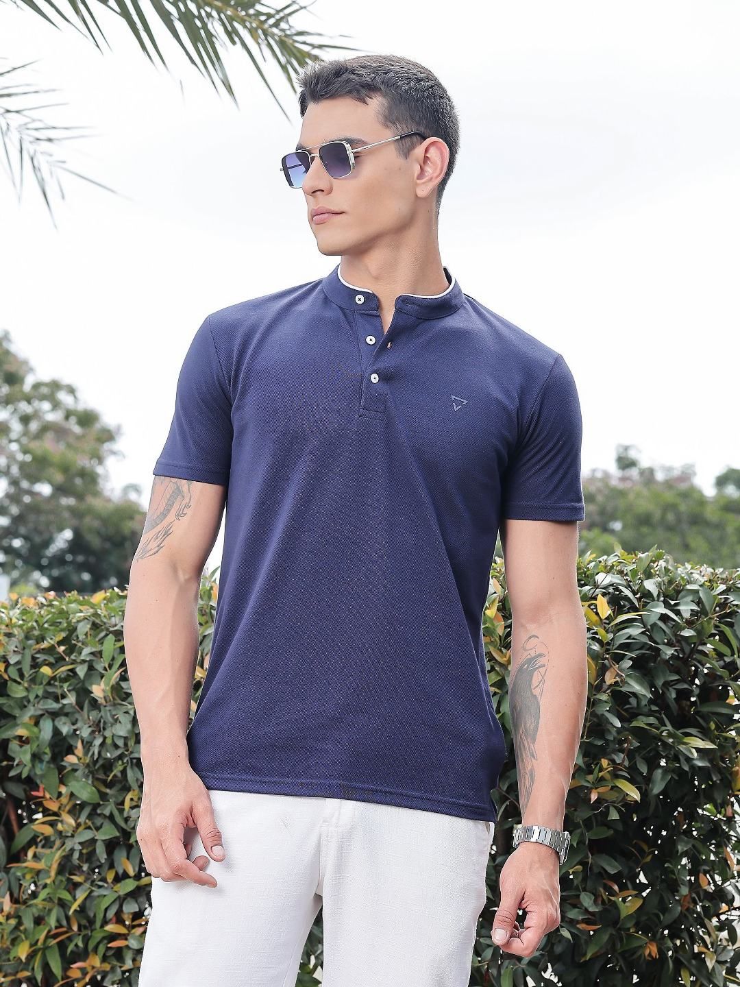 Thomas Scott Men Solid Mandarin Collar Knitted T-Shirt