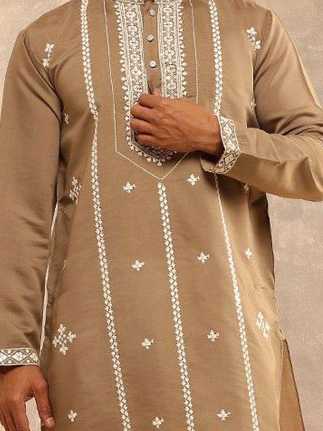Anouk Geometrik Sulam Kolar Mandarin Benang Kerja Kapas Sutera Kurta Lurus