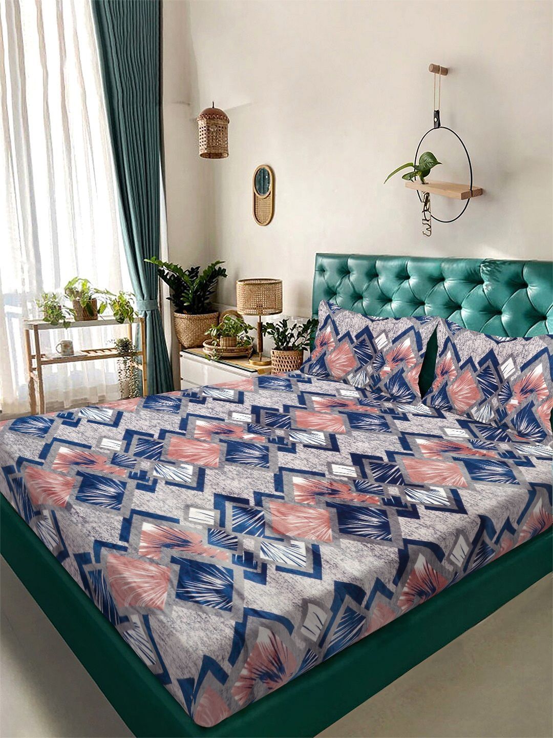 KLOTTHE Blue & White Geometric Printed Flat 300 TC King Bedsheet With 2 Pillow Cover