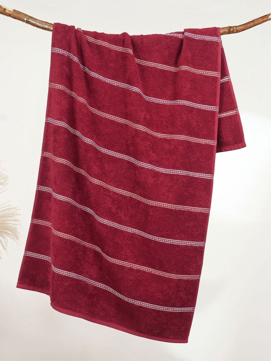 MYTRIDENT Maroon & White Striped Cotton 450 GSM Bath Towel