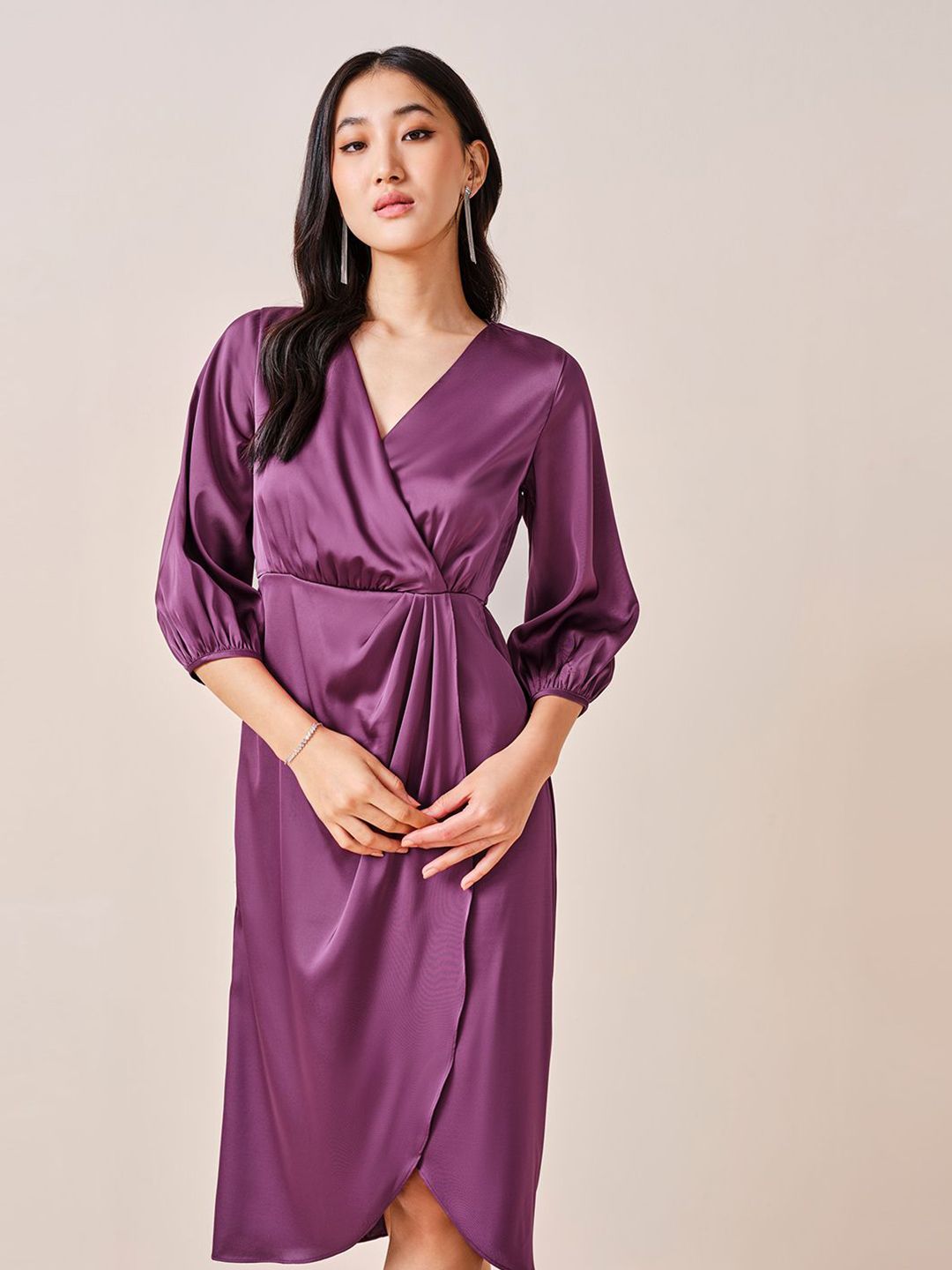 AND Women Solid V-Neck Puff Sleeve Wrap Midi Dress