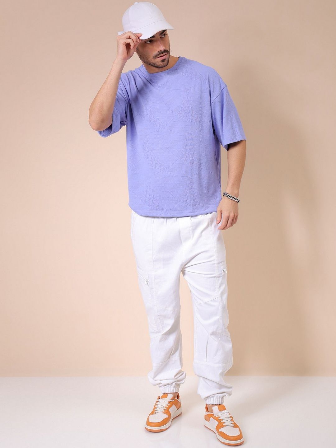 The Indian Garage Co Men Self Design Round Neck Oversized T-shirt