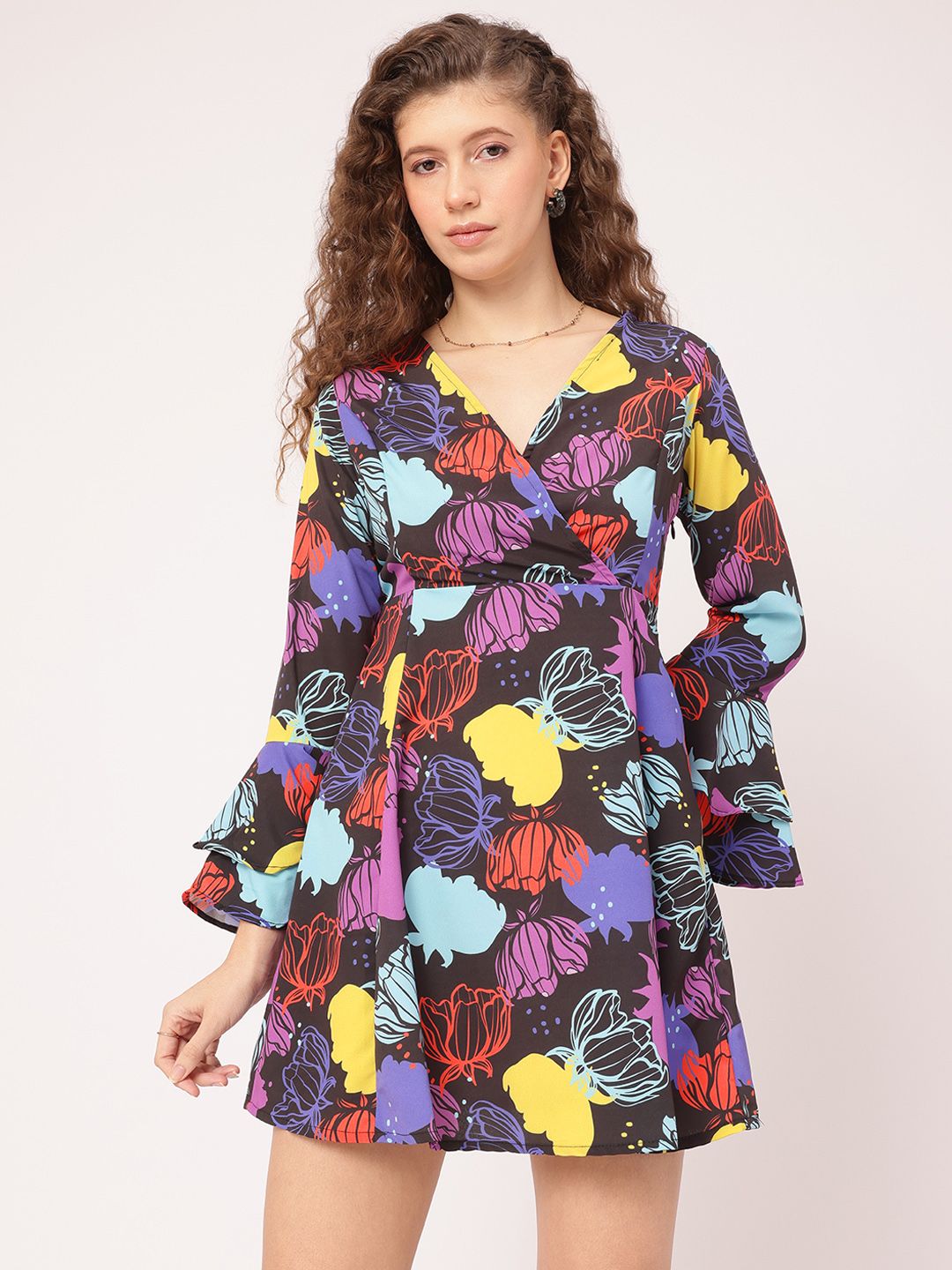 DressBerry Funky Florals Printed Bell Sleeve Mini A-line Dress