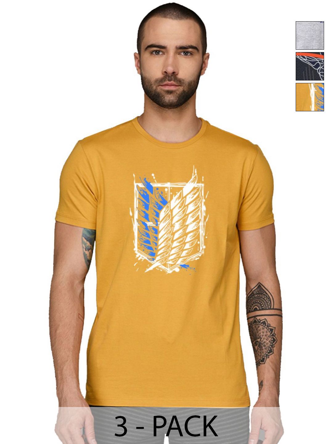 ADRO Lelaki Pek 3 Bercetak Grafik Leher Bulat Kapas Slim Fit