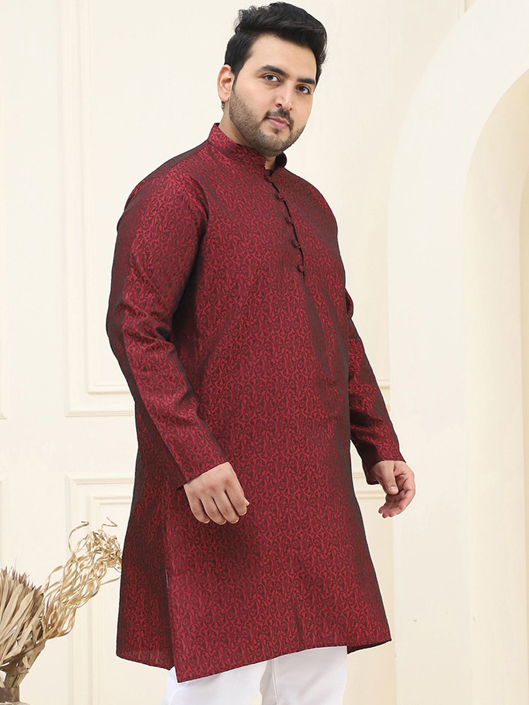 SOJANYA Plus Floral Embroidered Mandarin Collar Long Sleeve Cotton Silk Straight Kurta