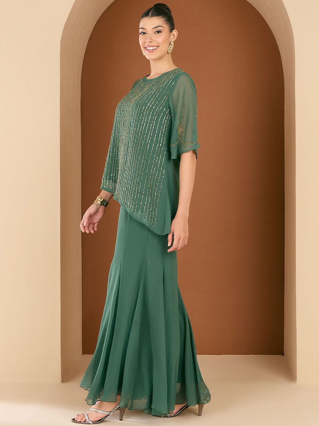 Antheaa Embellished  Round Neck Top & Palazzo Co-Ords
