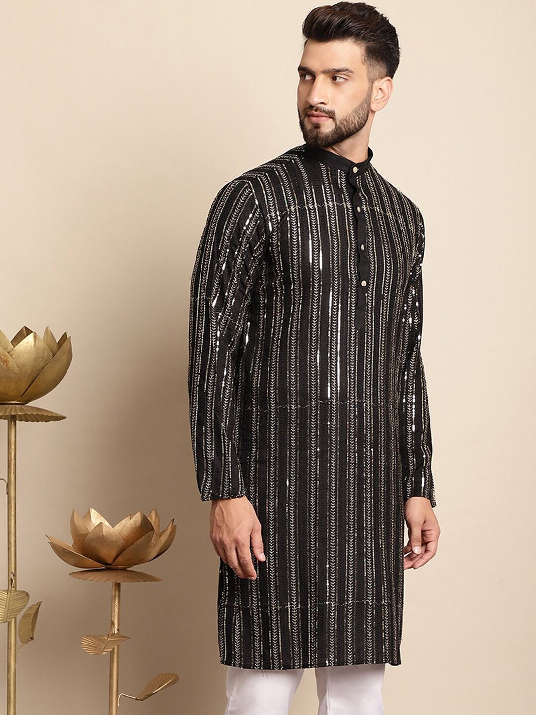 Anouk Embellished Mandarin Collar Sequins Detail Cotton Straight Kurta