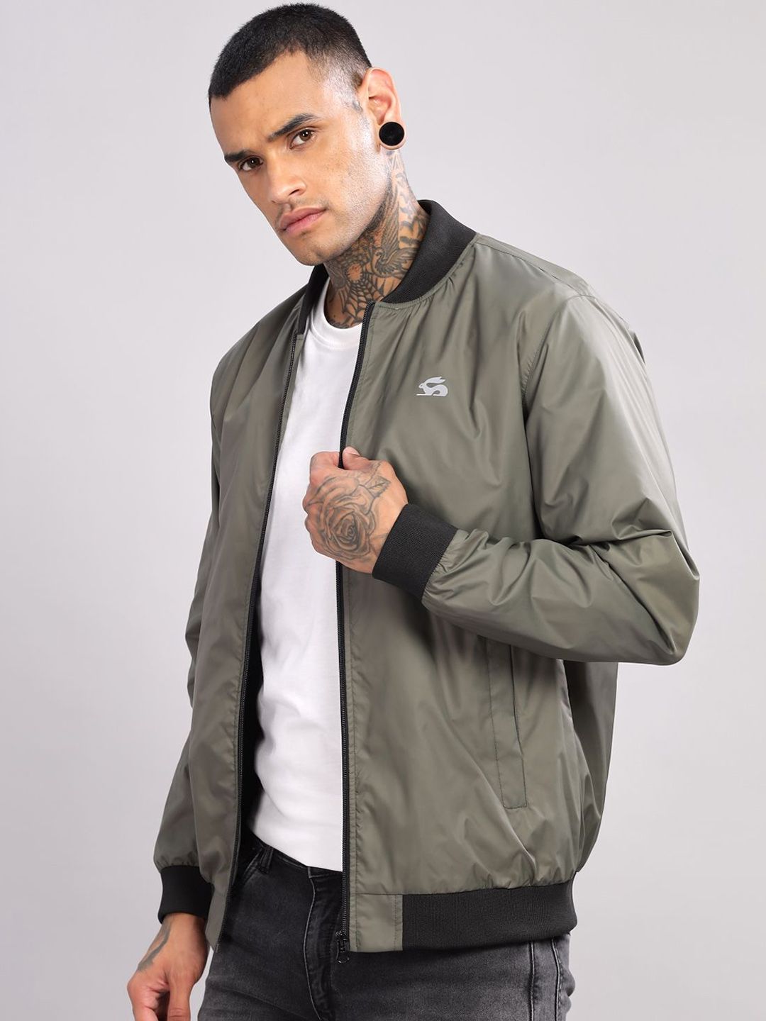 ADRO Men Stand Collar Solid Casual Bomber Jacket