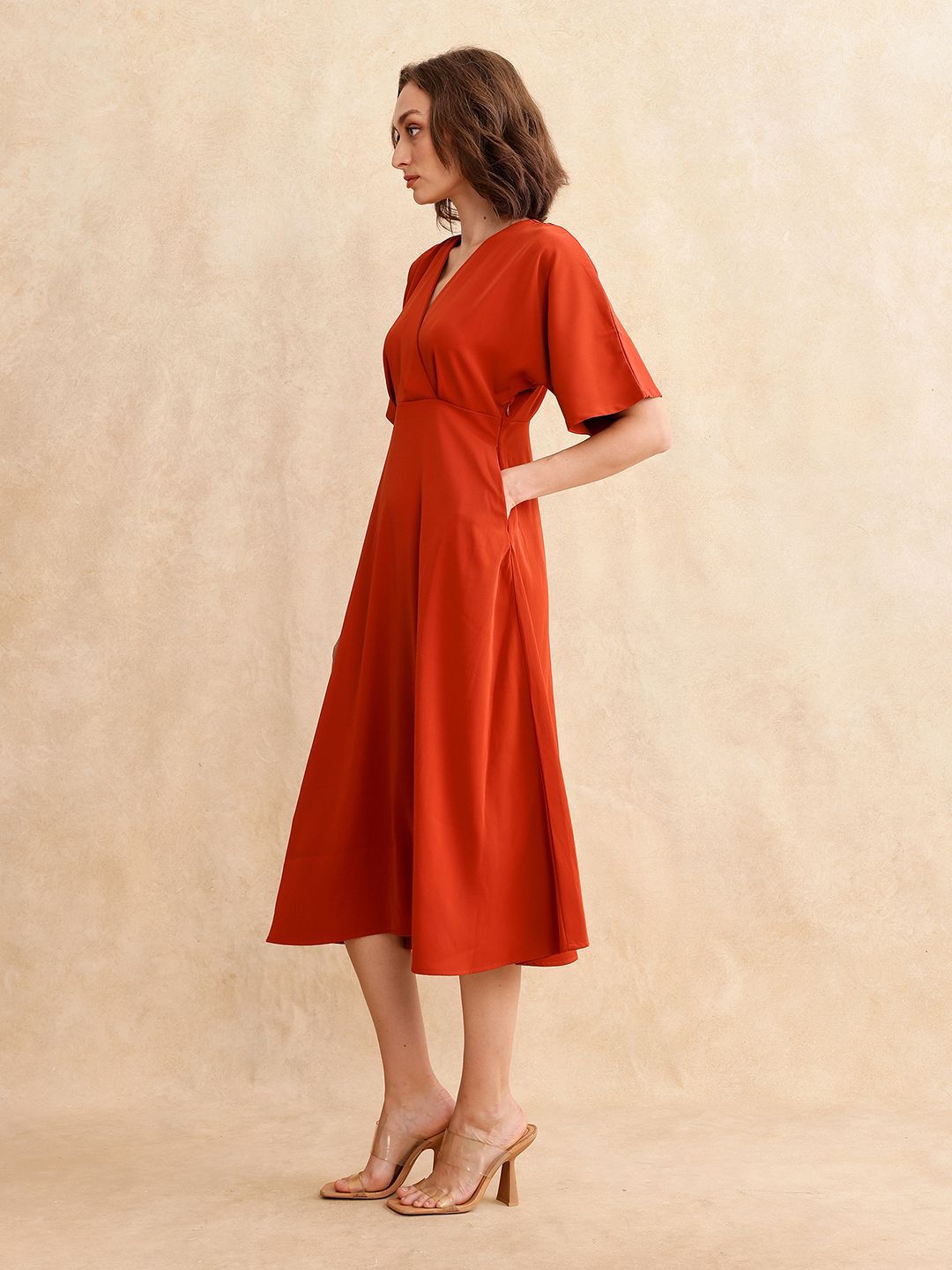RAREISM Women V-Neck Fit & Flare Cotton Midi Dress