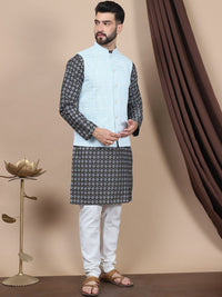 Anouk Floral Printed Regular Straight Kurta With Churidar & Nehru Jacket