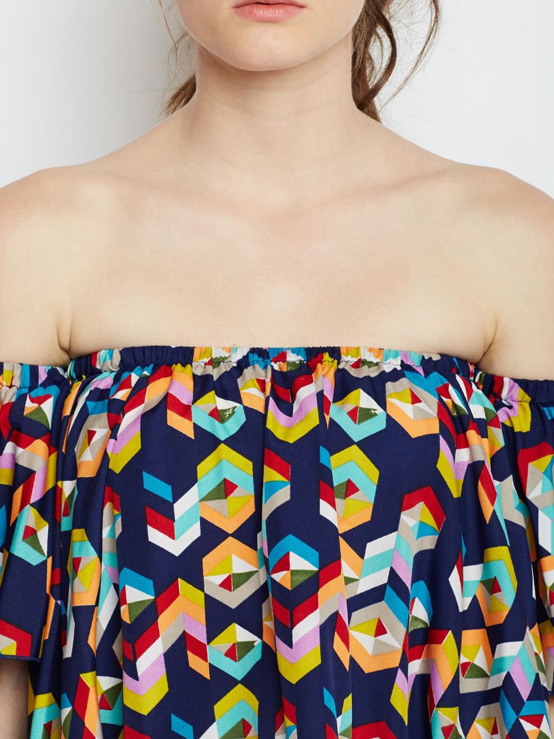 Berrylush Geometric Print Off-Shoulder Flared Sleeve Ruffles Bardot Crop Top