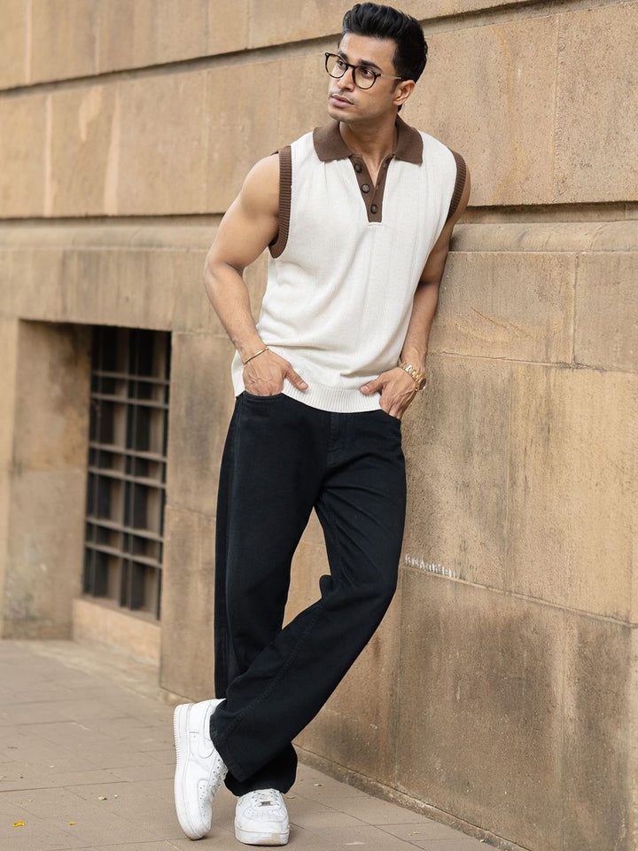 Powerlook Men Cream Contrast Collar Knit Sando