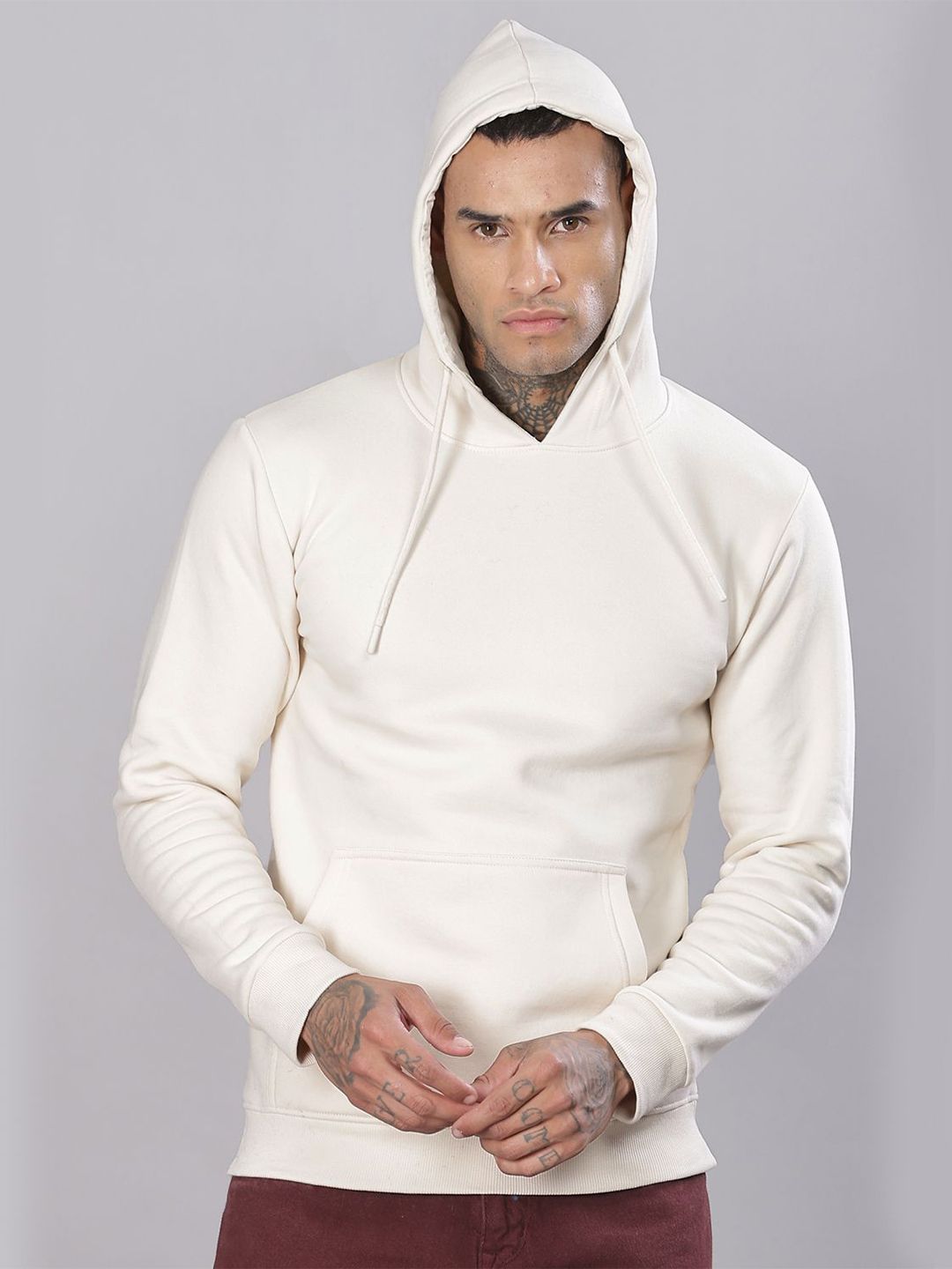 ADRO Men Solid Hood Cotton Pullover Sweatshirt