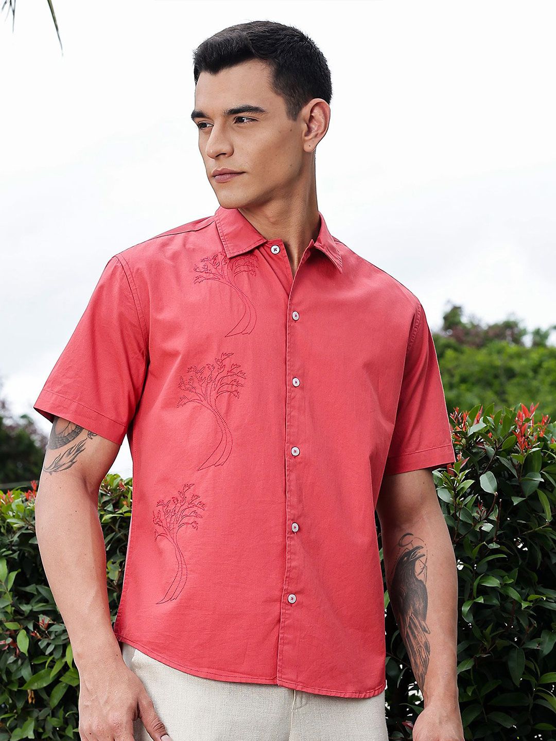 Thomas Scott Men Premium Floral Embroidered Casual Shirt
