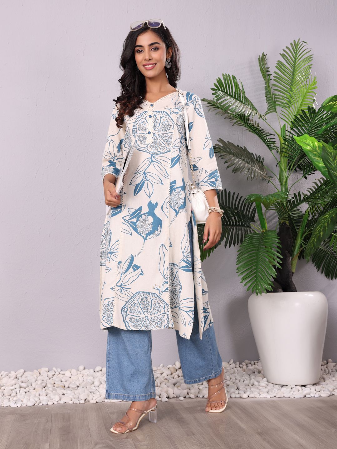 Varanga Floral Printed V-Neck Sequinned Panelled Cotton A-Line Kurta