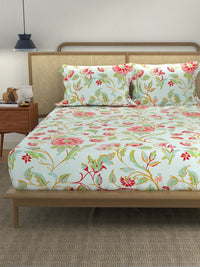 URBAN SPACE Divine Blue Printed 144 TC Cotton Double Queen Bedsheet & 2 Pillow Covers