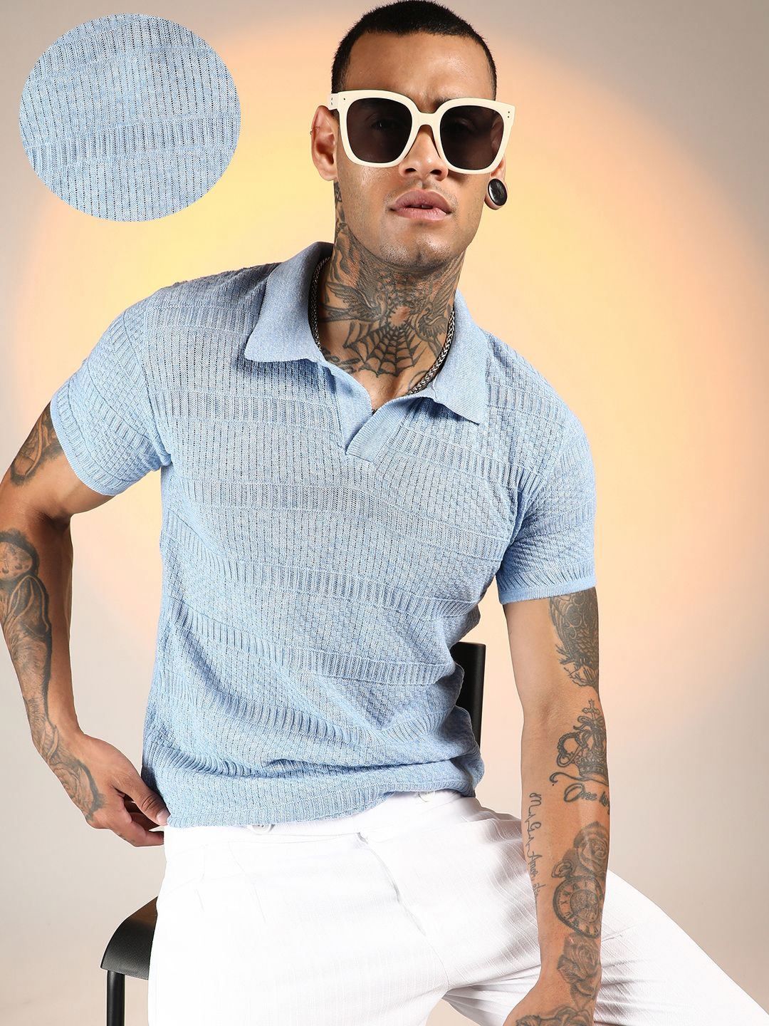 Campus Sutra Men Self Design Polo Collar Cotton T-shirt