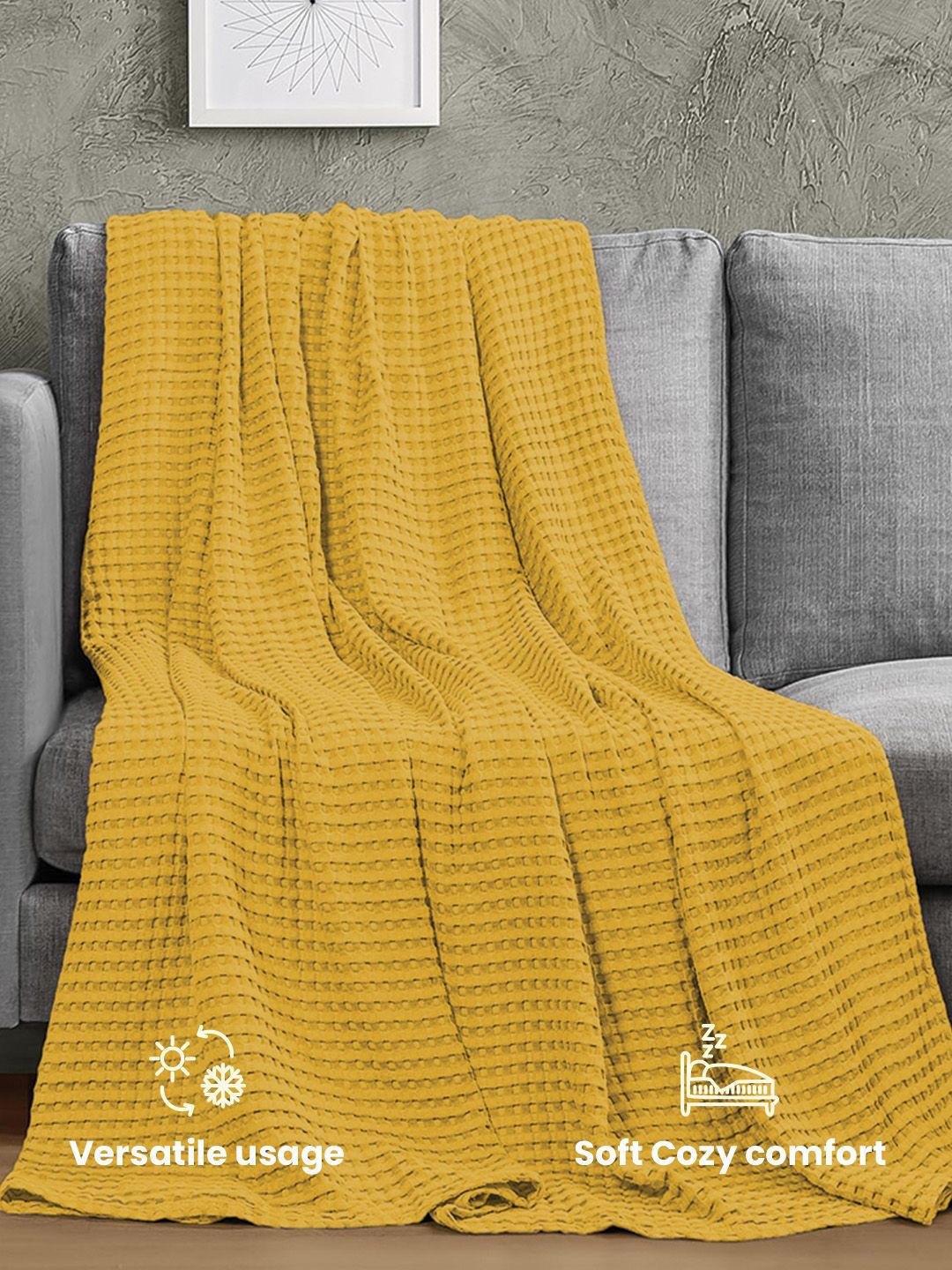 URBAN SPACE Waffle Mustard Checked Cotton AC Room 150 GSM Single Bed Blanket