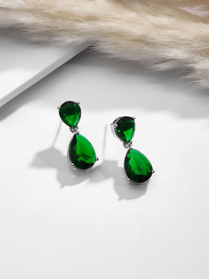 Rubans Rhodium-Plated Crystal Emerald Studded Jewellery Set