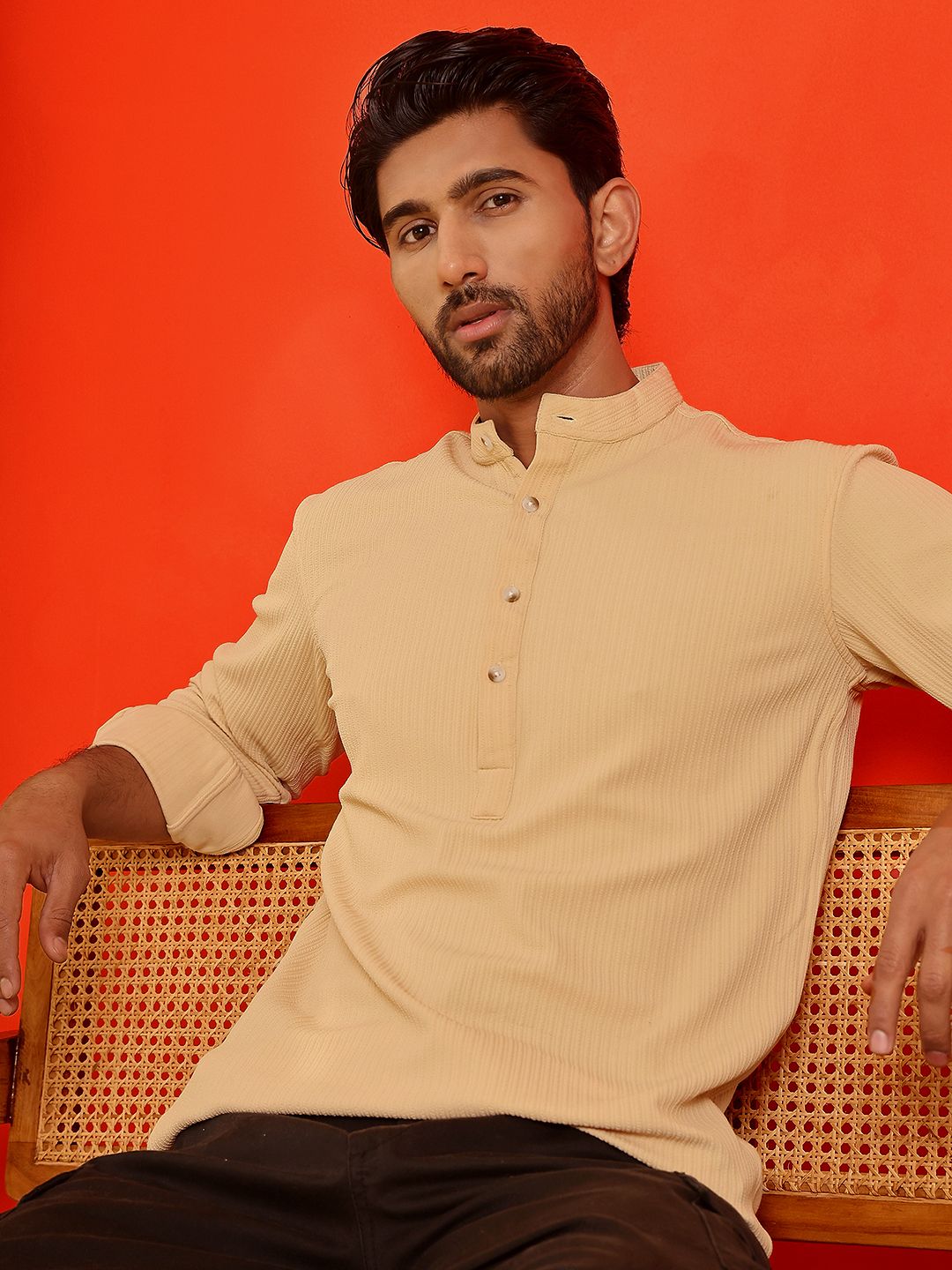 Jompers Striped Band Collar Long Roll-Up Sleeves Straight Kurta