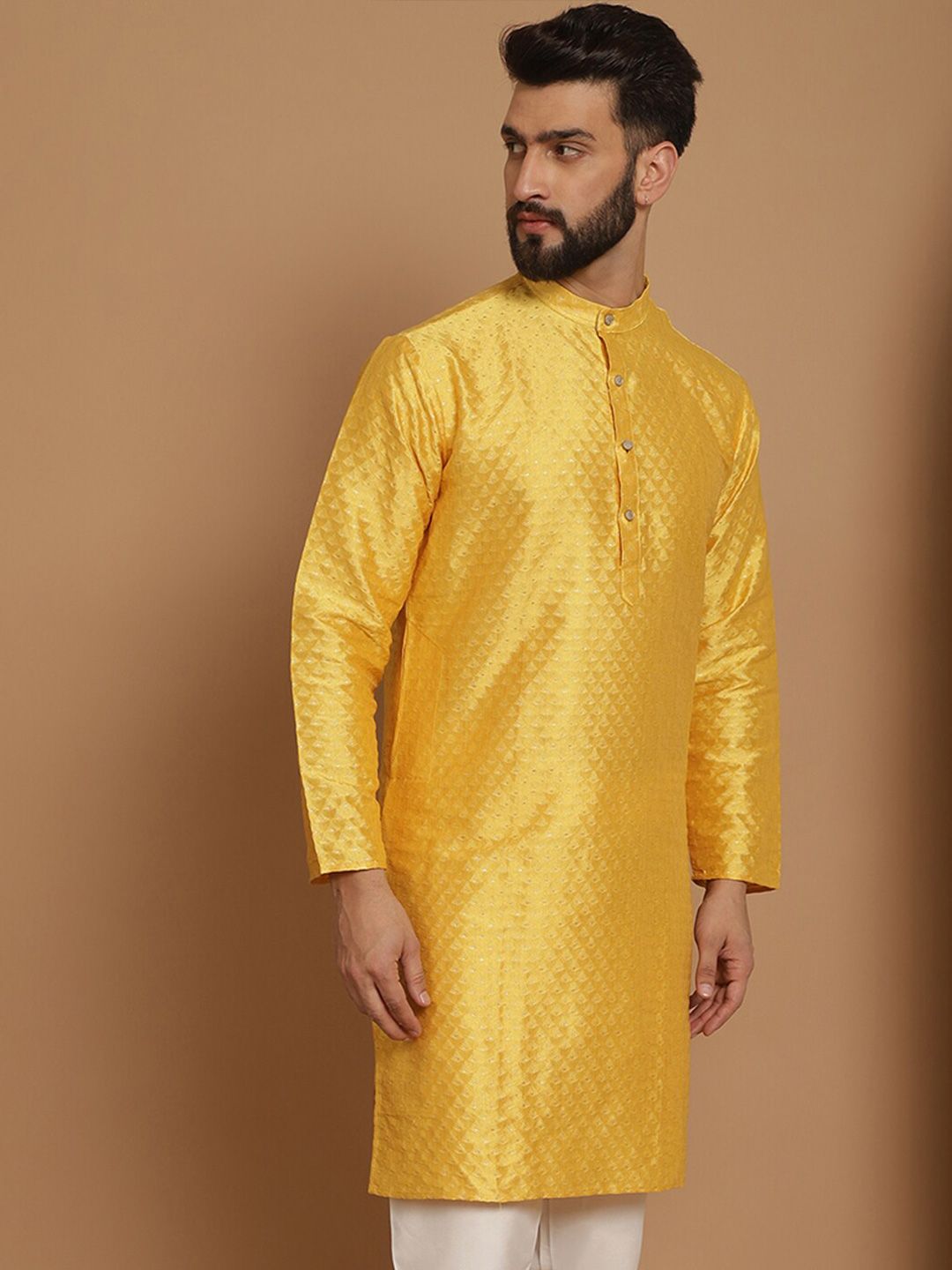 Anouk Mustard Yellow Ethnic Motifs Jacquard Silk Woven Design Band Collar Straight Kurta