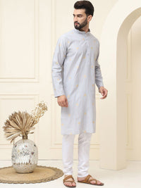 SOJANYA Geometric Woven Design Mandarin Collar Silk Cotton Straight Kurta dengan Piyama