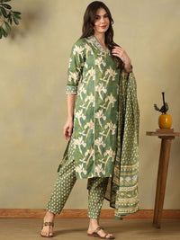 Mamicha Women Floral Printed Angrakha Pure Cotton Kurta with Trousers & With Dupatta