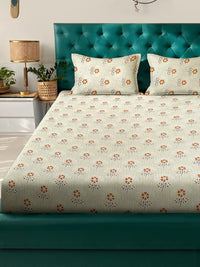 KLOTTHE Yellow & Orange Floral Printed 400 TC Cotton King Bedsheet Set 2.50 m x 2.25 m
