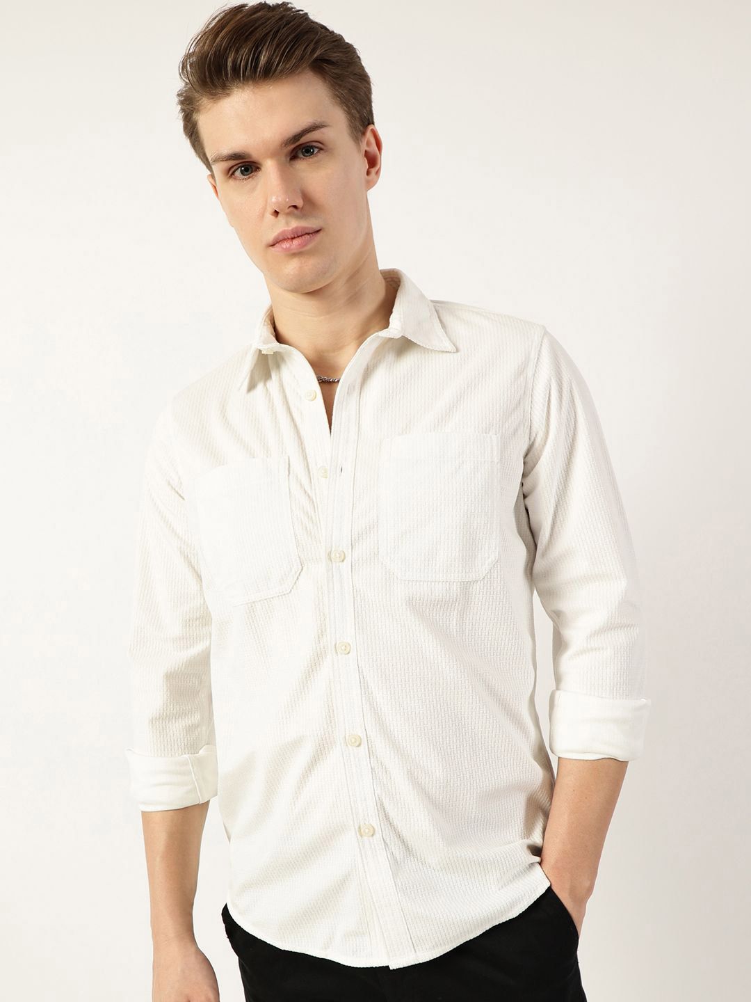 Thomas Scott Men Classic Spread Collar Textured Slim Fit Casual Shirt