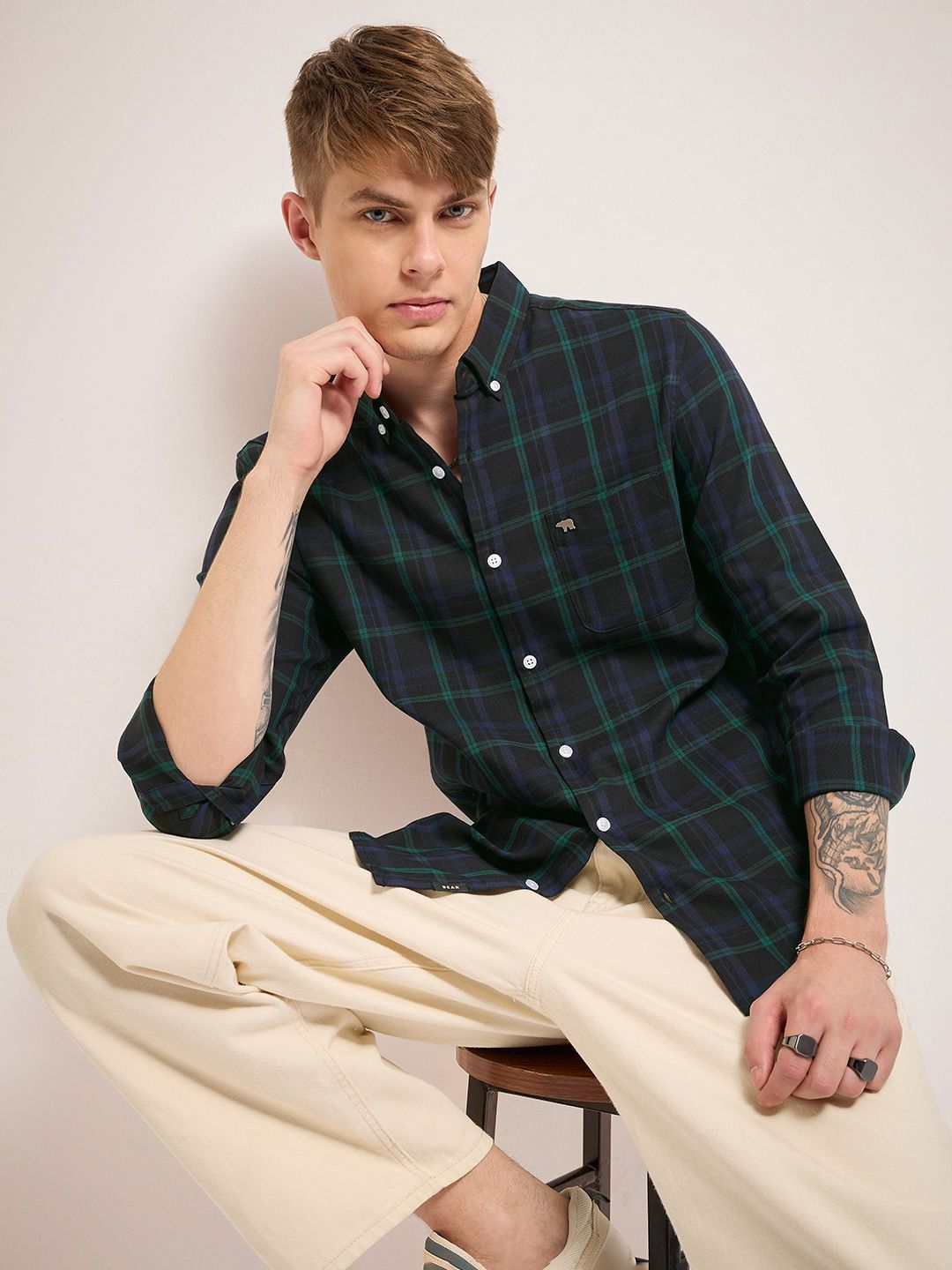 THE BEAR HOUSE Men Cotton Checked Slim Fit Casual Shirt