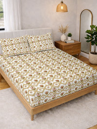 KLOTTHE Yellow & White Printed 300 TC Double Bedsheet With 2 Pillow Covers- 2.5 m x 2.25 m