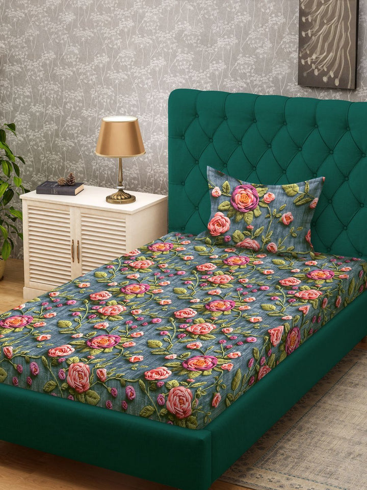 Myntra Elegant Homes Turquoise Blue Floral 300 TC Single Bedsheet with 1 Pillow Covers