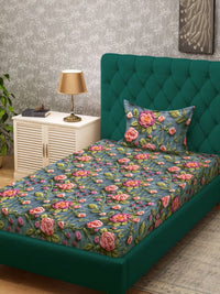 Myntra Elegant Homes Turquoise Blue Floral 300 TC Single Bedsheet with 1 Pillow Covers
