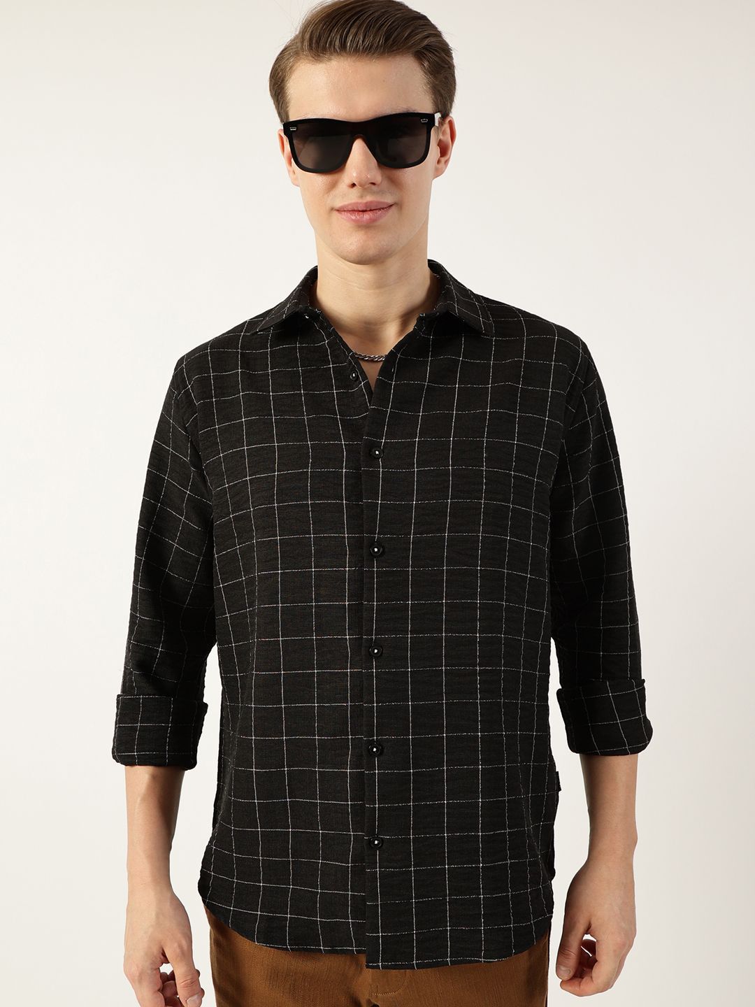 Thomas Scott Men Smart Spread Collar Windowpane Checked Slim Fit Casual Shirt