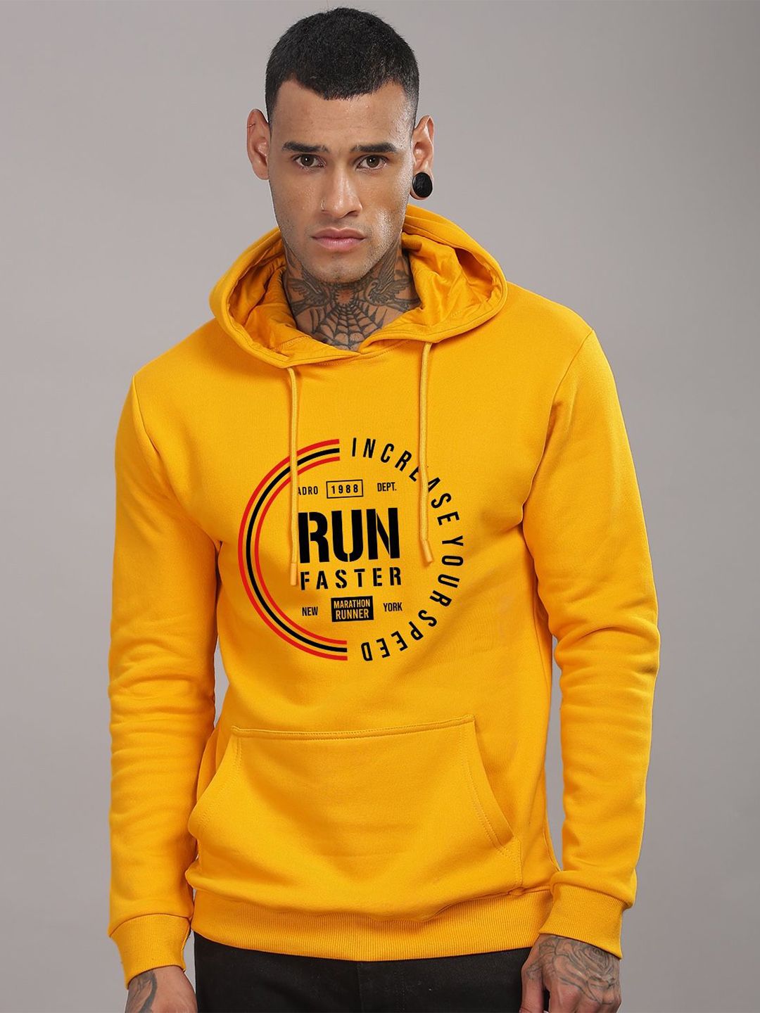 ADRO Men Typography Printed Hood Cotton Pullover Sweatshirt