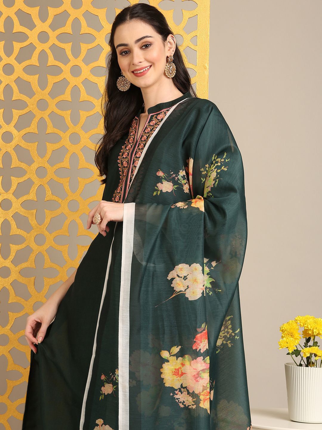 Anouk Floral Embroidered Straight Kurta With Trouser And Dupatta