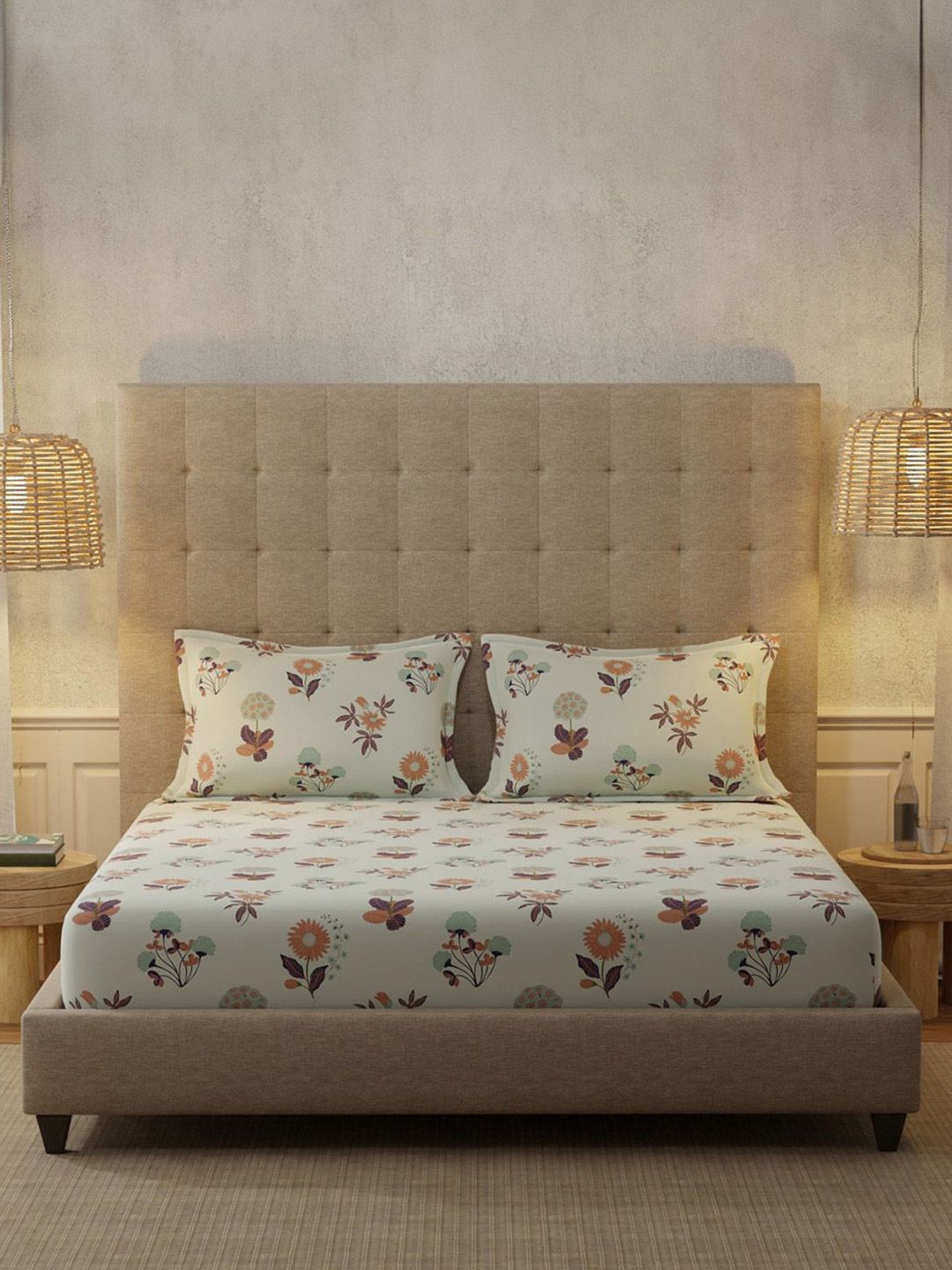 URBAN SPACE Grey & Orange Floral 200 TC Cotton Queen Bedsheet Set 1.27 m x 1.98 m