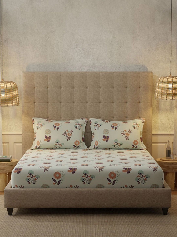 URBAN SPACE Grey & Orange Floral 200 TC Cotton Queen Bedsheet Set 1.27 m x 1.98 m