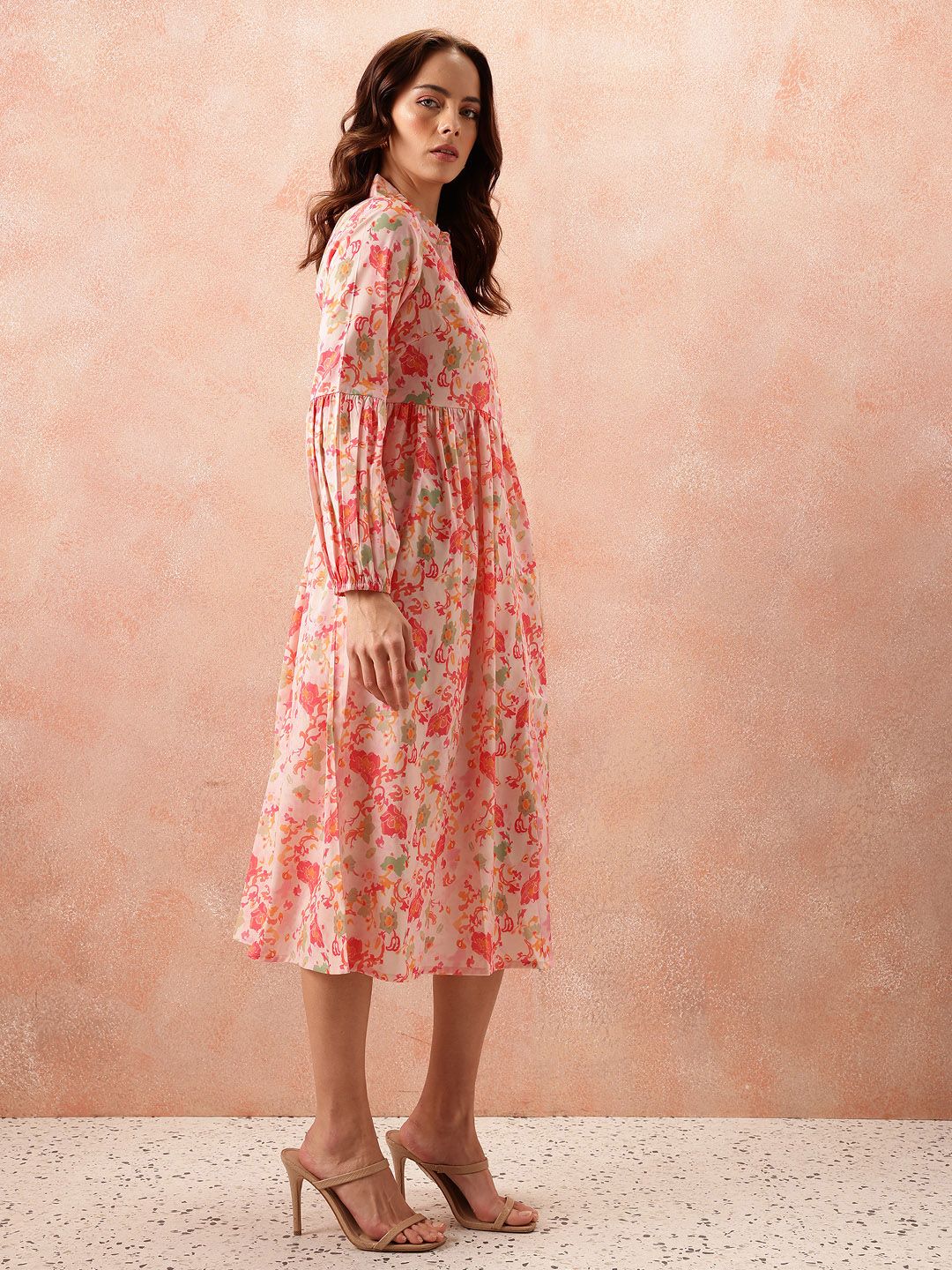 all about you Floral Print Puff Sleeve Shirt Midi Dress