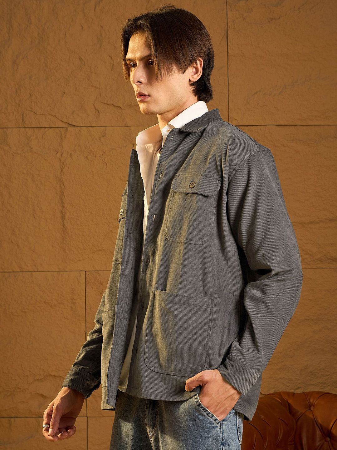DENNISON Men Four Pocket Drop Shoulder Oversized Corduroy Shacket