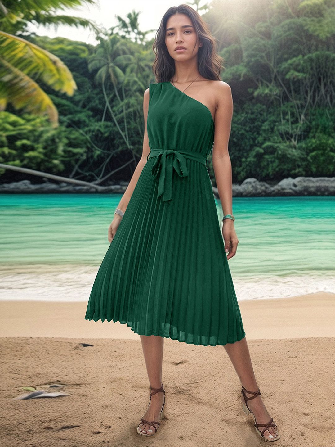 DressBerry Accordian Pleats One Shoulder A-Line Midi Dress with Belted Detail