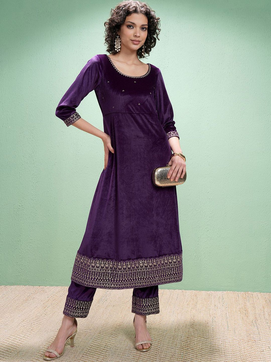 Vishudh Floral Yoke Design Zari Velvet A-Line Kurta With Trouser