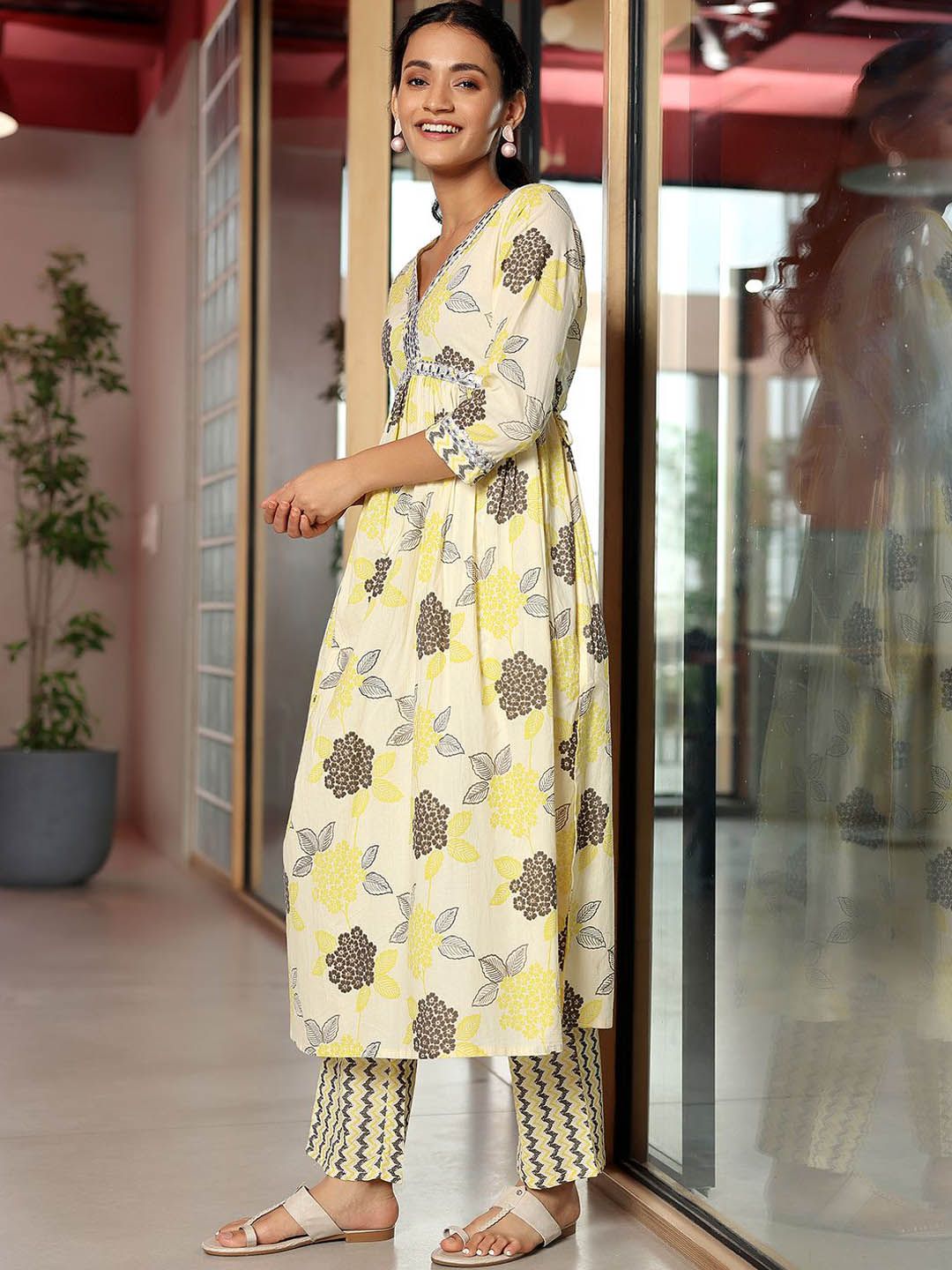 Libas Floral Printed Empire Mirror Work Pure Cotton A Line Kurta with Trousers