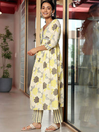 Libas Floral Printed Empire Mirror Work Pure Cotton A Line Kurta with Trousers