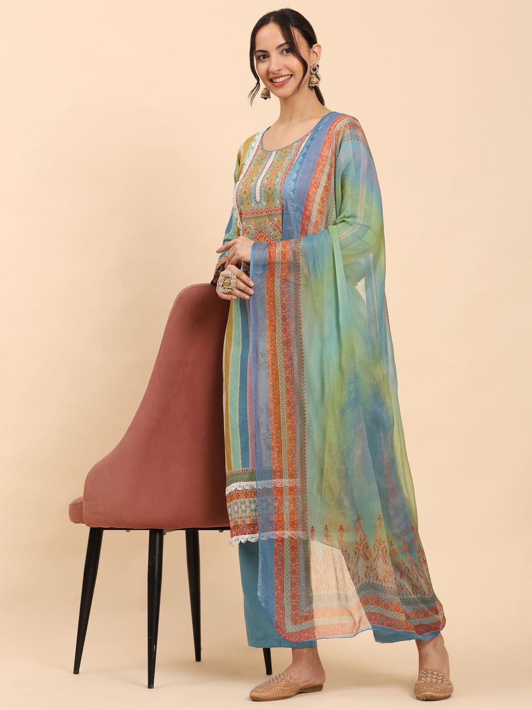 Mamicha Women Striped Printed Kurta With Trousers And Dupatta
