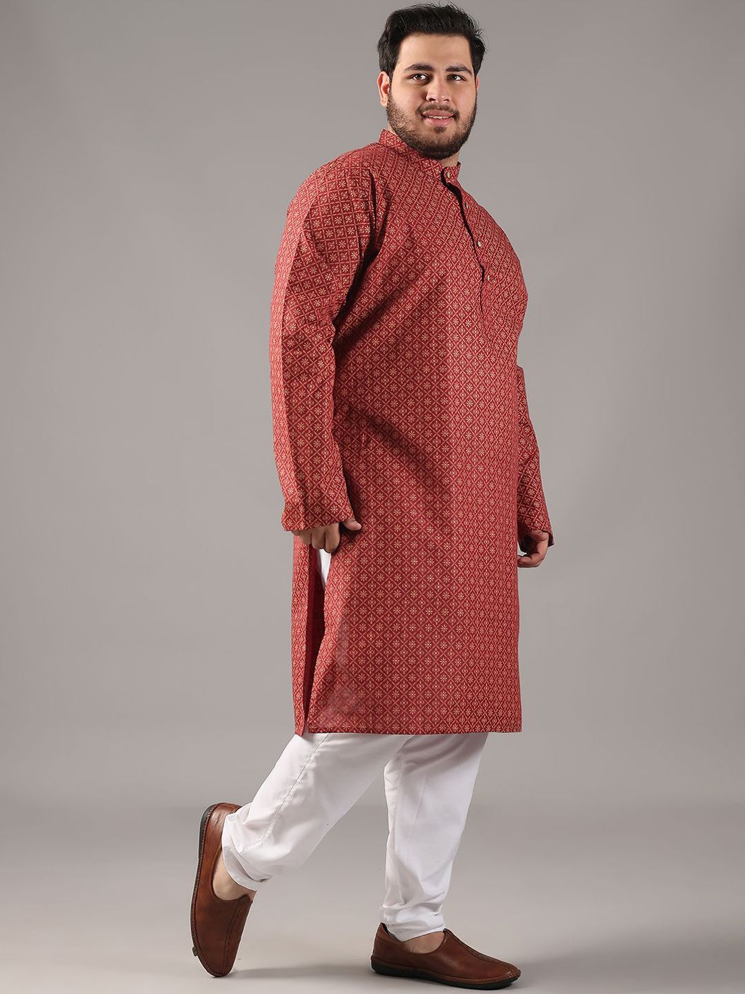 SOJANYA PLUS Plus Size Lelaki Motif Etnik Bercetak Cotton Linen Kurta Lurus Dengan Piyama