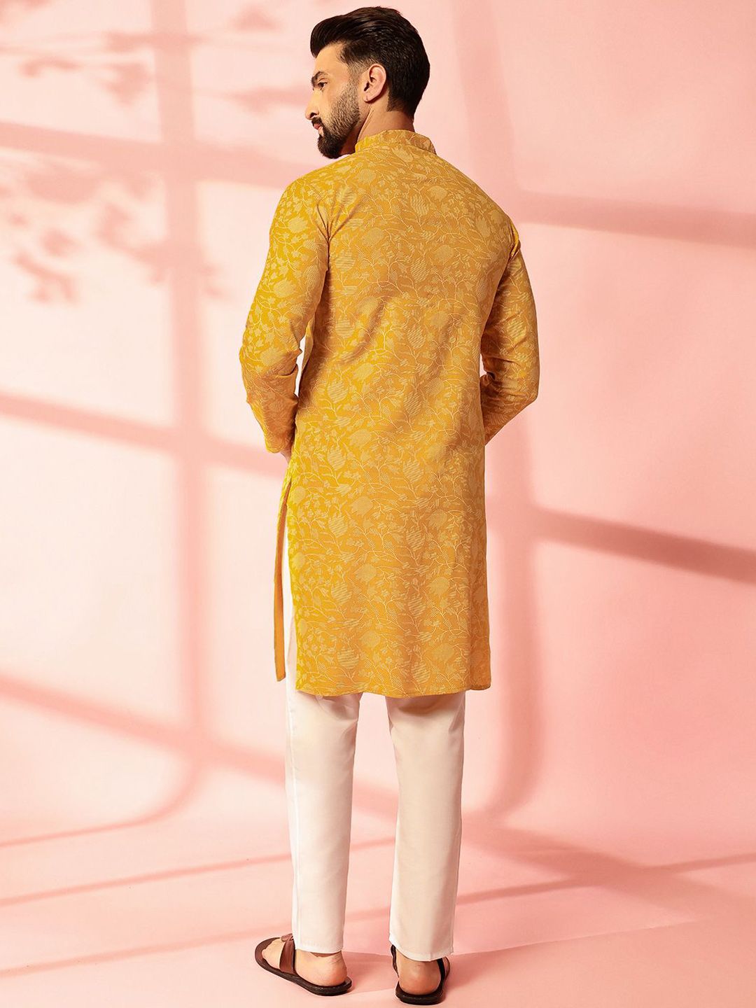 Anouk Floral Printed Band Collar Cotton Linen Straight Kurta